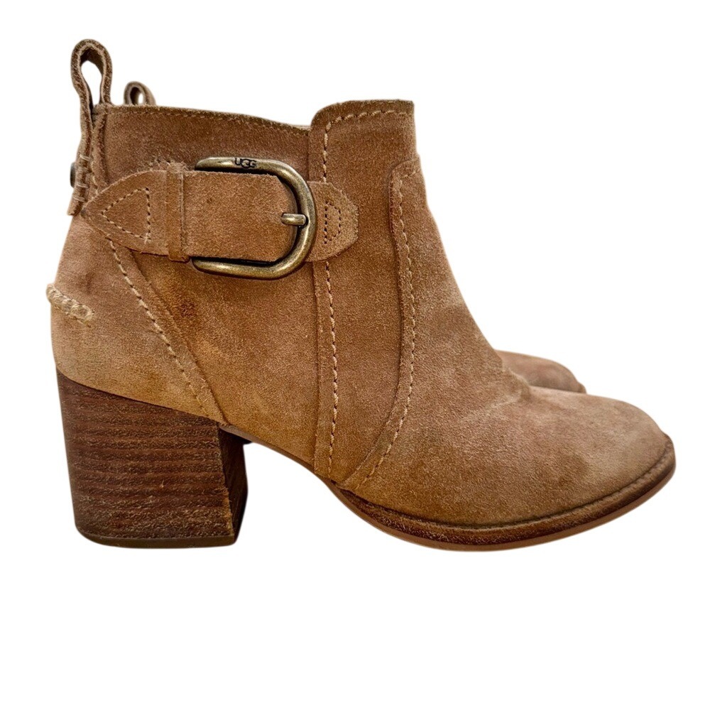 UGG Leahy Tan Suede Block Heel Ankle Boots, Women's 7, GUC